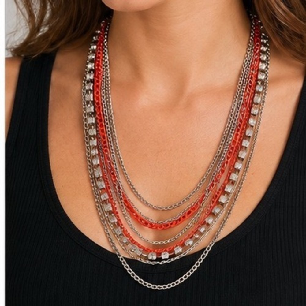 Simply Vera Vera Wang Multi Strand Red Silver Crystal Statement Necklace NWT